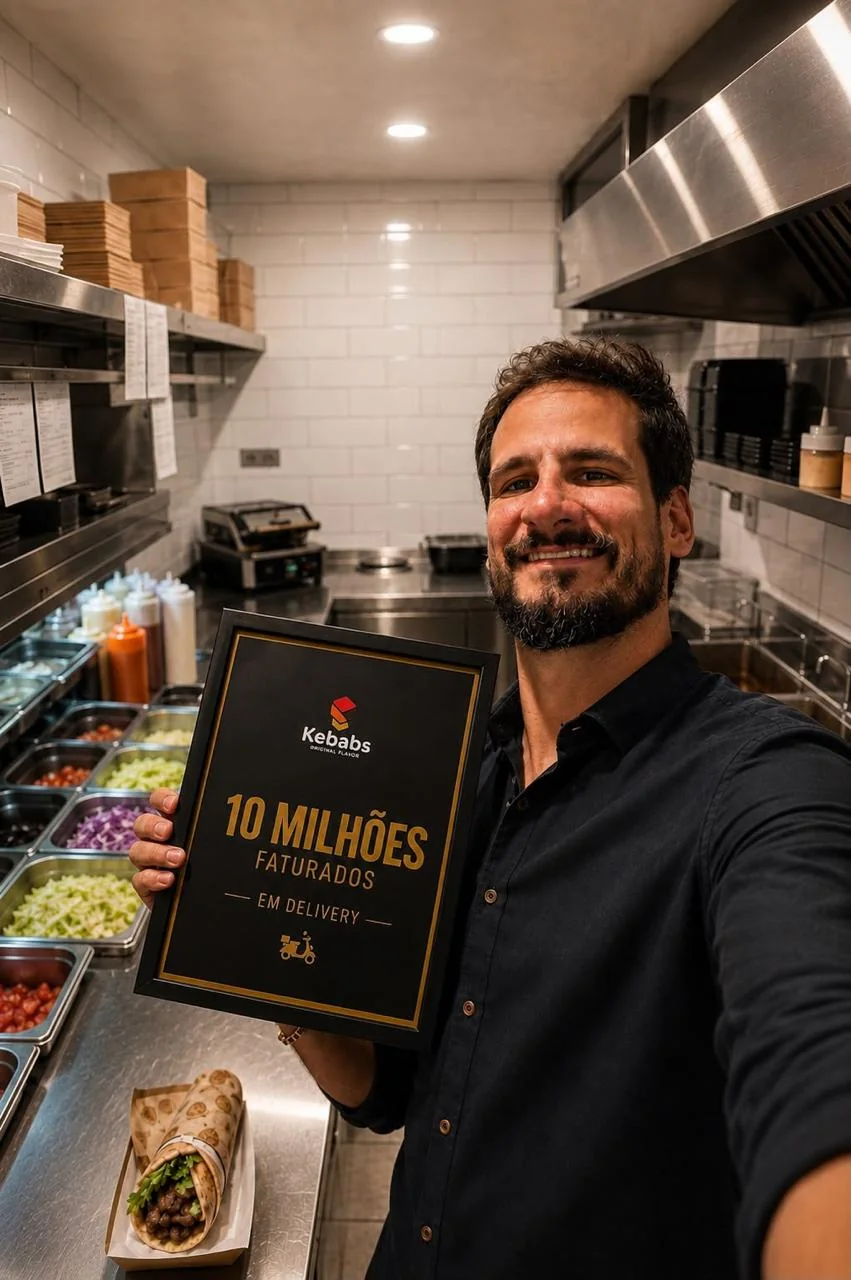 Arthur na cozinha segurando o quadro de 10 milhões faturados em delivery